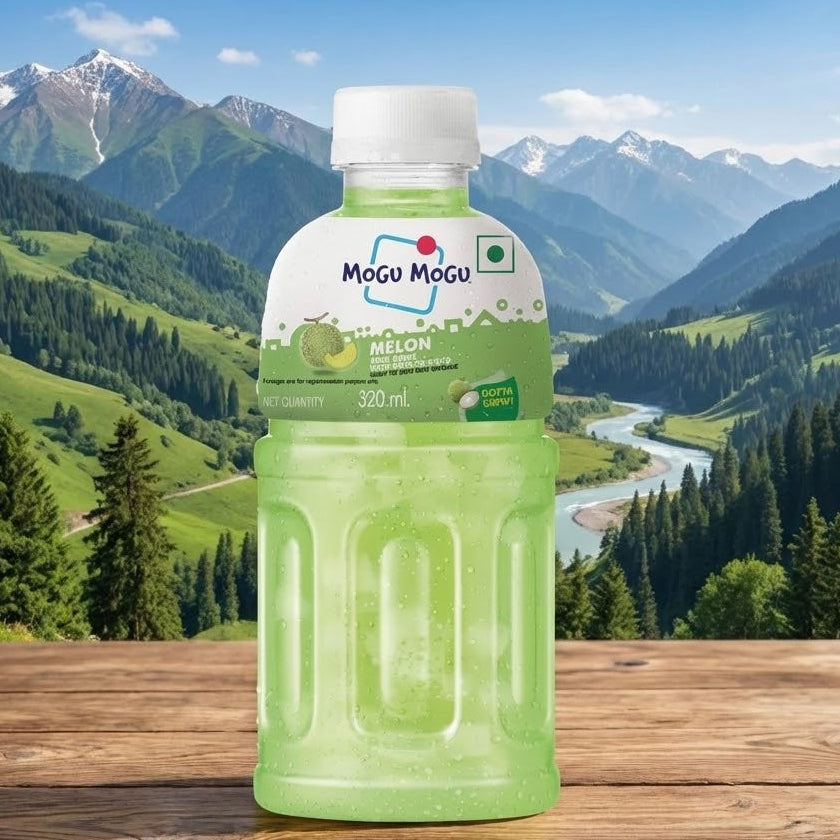 Green bottle of Mogõ Mogõ juice with a mountainous landscape in the background