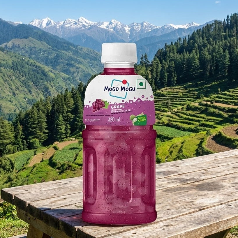 Pink bottle of Mogõ Mogõ on a wooden table with a scenic mountain background