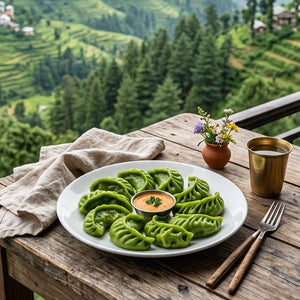 A plate of green dumplings with a small dipping sauce bowl sits on a rustic wooden table on a balcony, overlooking a lush green mountain valley with terraced hills and distant misty peaks.