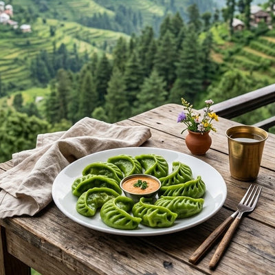 A plate of green dumplings with a small dipping sauce bowl sits on a rustic wooden table on a balcony, overlooking a lush green mountain valley with terraced hills and distant misty peaks.