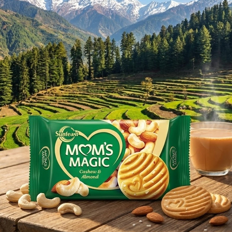 Sunfeast Mom's Magic cookies with a cup of tea on a wooden table in front of a scenic mountain landscape.