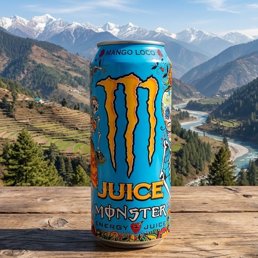 Monster Energy Juice can with a mountainous landscape in the background