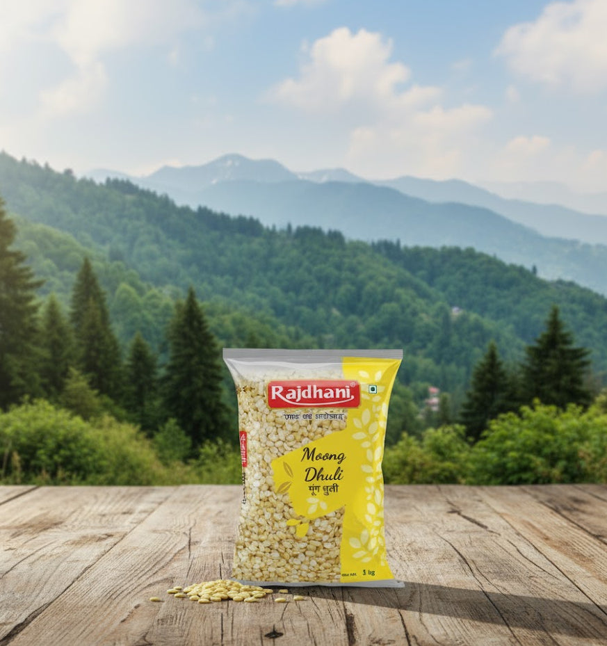 Rajdhani Moong Dhuli package on a wooden surface with a mountainous landscape in the background