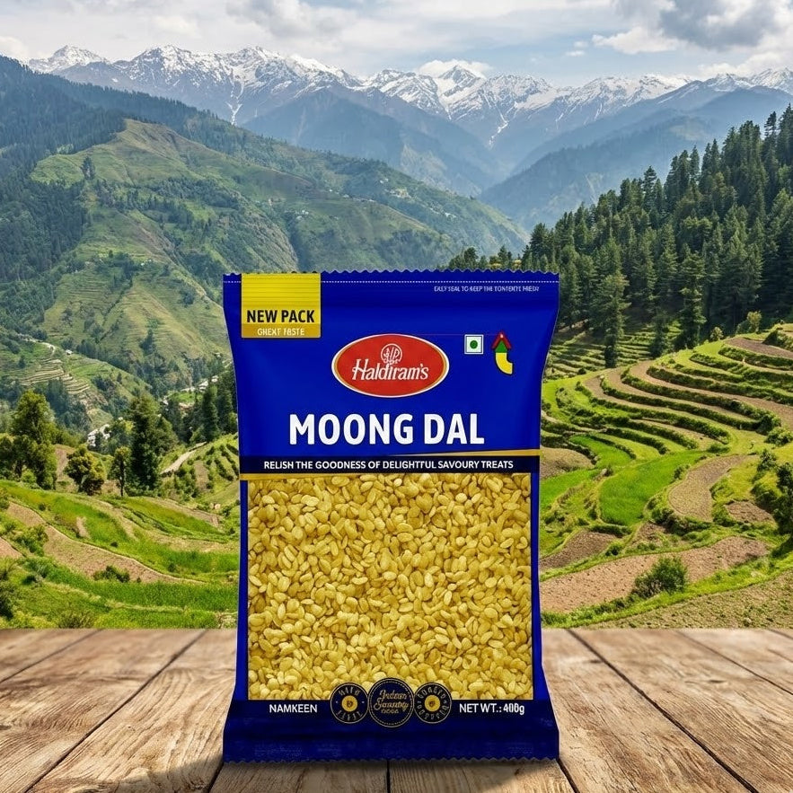 Haldina's Moong Dal package with a mountainous landscape in the background