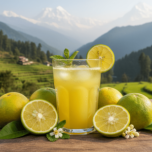 mosambi juice with real Mosambi around the glass and background as you know is kumaun region uttrakhand
