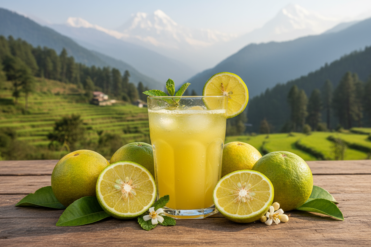 mosambi juice with real Mosambi around the glass and background as you know is kumaun region uttrakhand