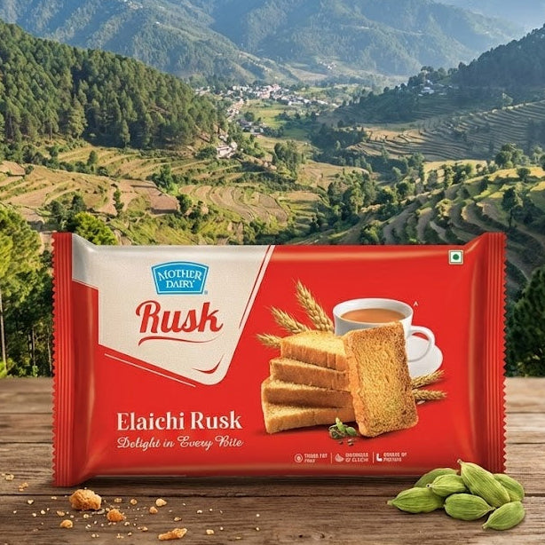 Red packet of Rosh Elaichi Rusk with a scenic mountain background