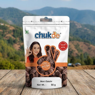 Packaged product with 'chukde' branding on a wooden surface with a mountainous landscape in the background