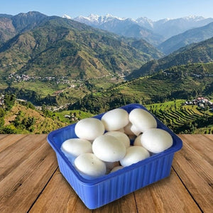 Blue container with eggs on a wooden surface with a mountainous landscape in the background