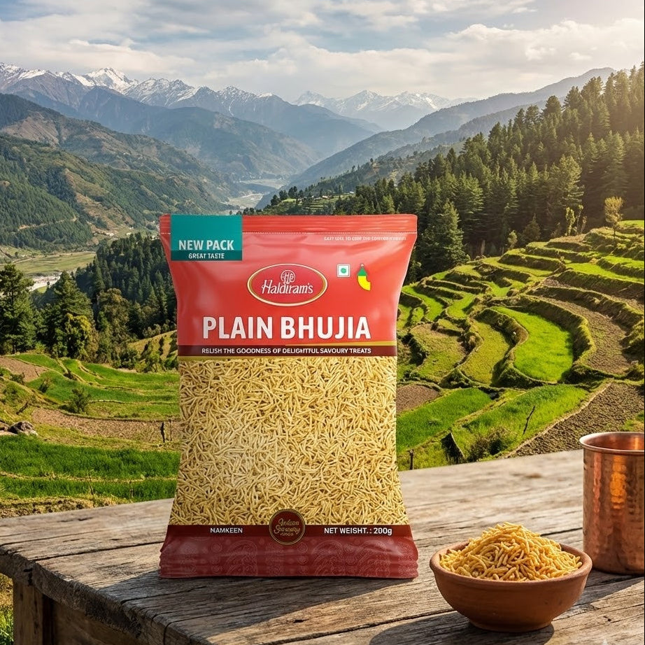 Packaged food product with a scenic mountain background