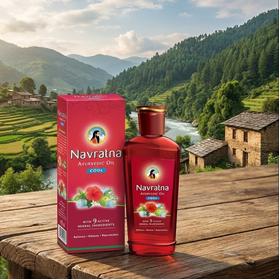 Navrata Ayurvedic Oil bottle and box on a wooden table with a scenic background