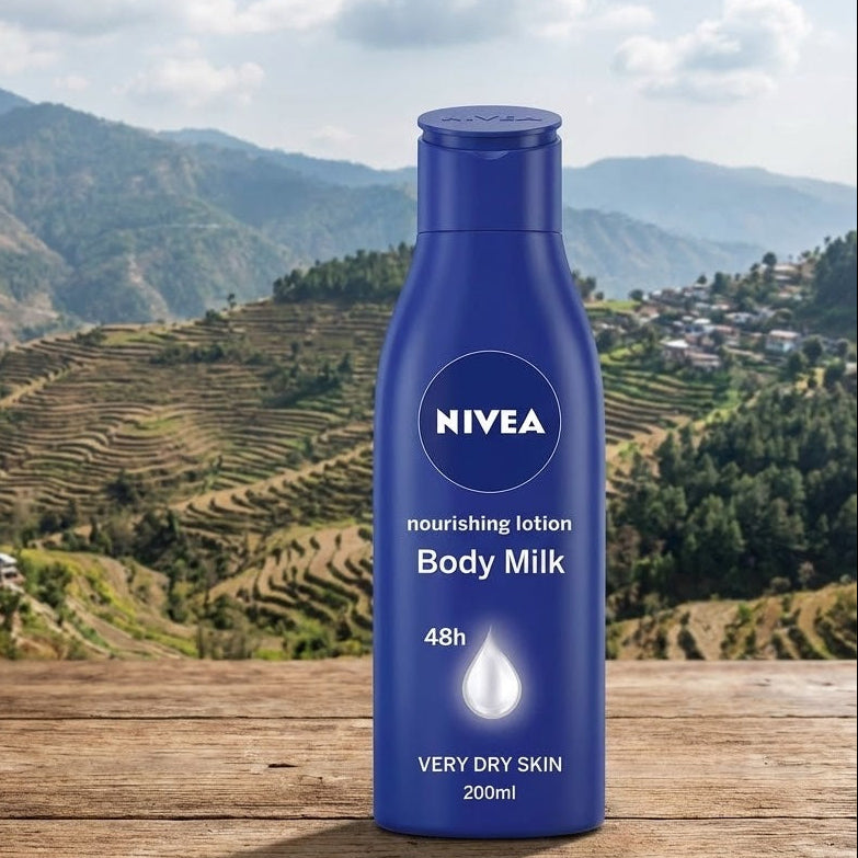 Nivea body milk bottle on a wooden surface with a mountainous landscape in the background