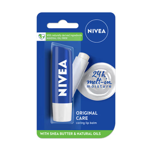 Nivea lip balm packaging with blue and white design on a white background