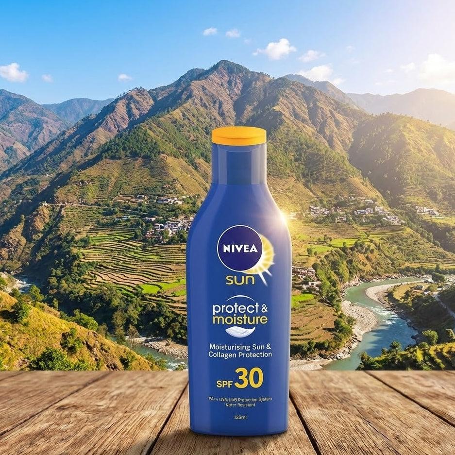 Nivea sun care bottle with a scenic mountain backdrop