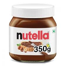 Jar of Nutella with a white lid on a white background