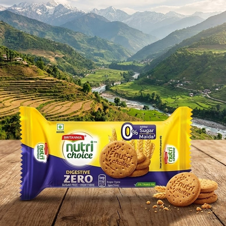 Packaged cookies with a scenic mountain landscape in the background