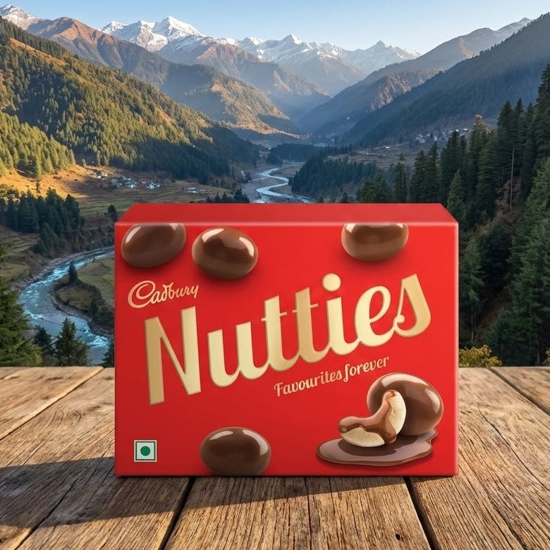 Cadbury Nutties box on a wooden surface with a mountainous landscape in the background