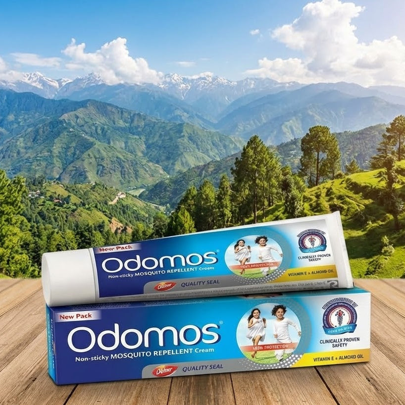Odomos mosquito repellent cream packaging with a mountainous landscape in the background