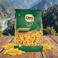Oleev Kitchen pasta package with a scenic mountain backdrop