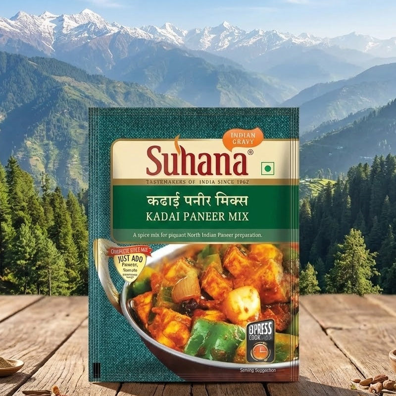 Suhana Kadi Paneer Mix packaging with a mountainous landscape in the background