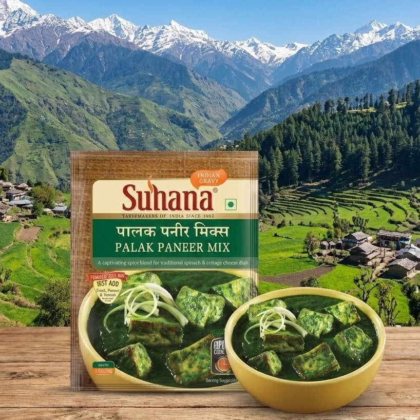 Suhana Palak Paneer Mix packaging with a bowl of the dish against a scenic mountain backdrop