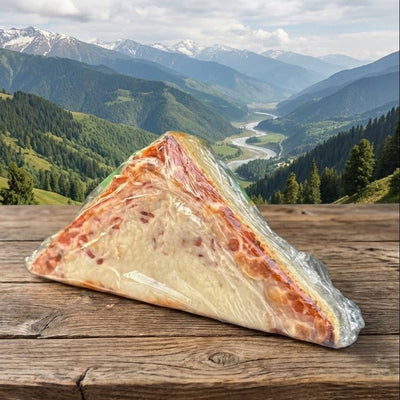 Triangular pizza slice on a wooden table with a mountainous landscape in the background