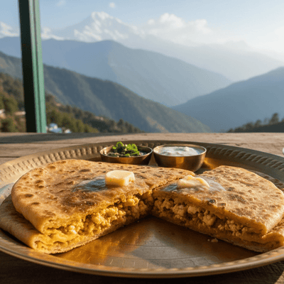 Two pieces of flatbread on a plate with butter, set against a scenic mountain backdrop.