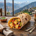 Vegetarian wrap with tofu and vegetables on a wooden table with a mountain view.