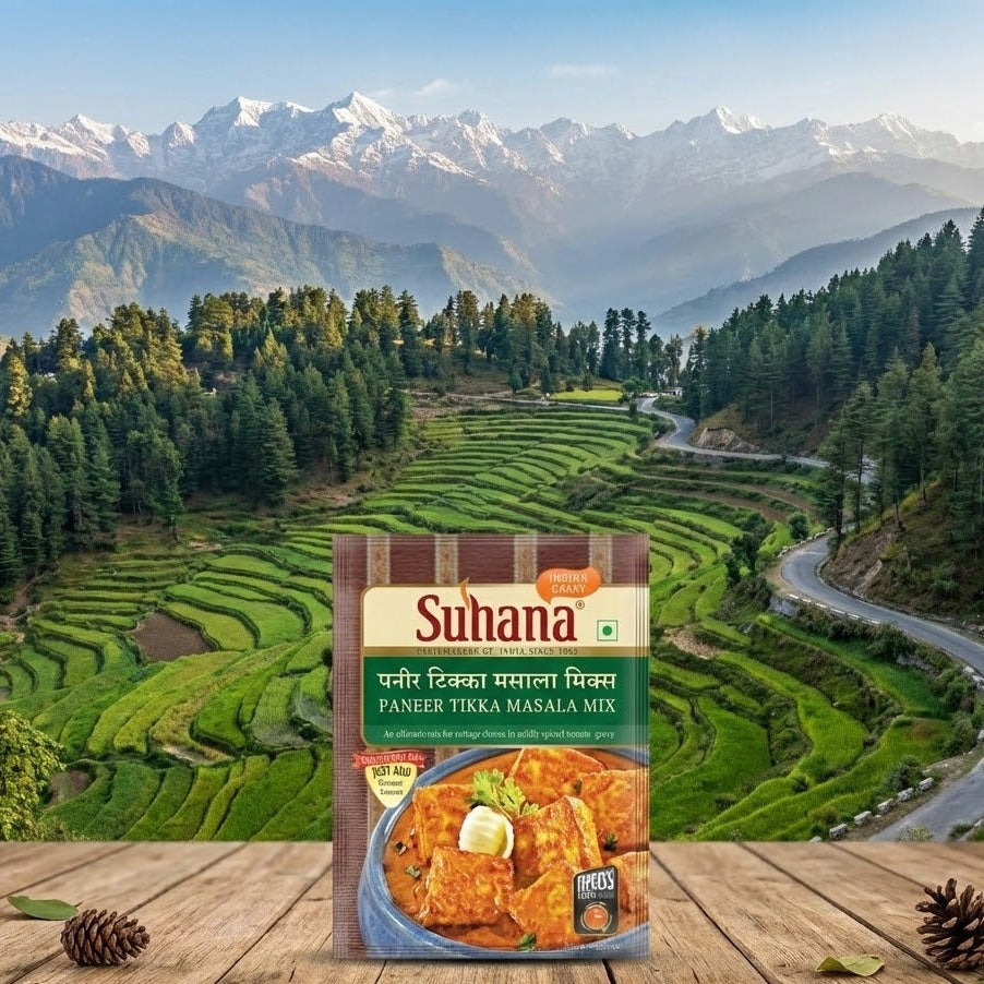 Suhana Paneer Tikka Masala Mix package with a scenic mountain backdrop