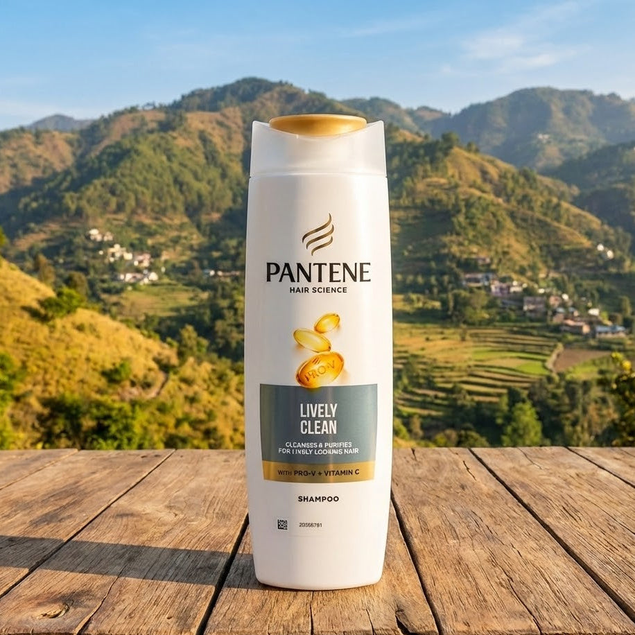 Pantene shampoo bottle on a wooden surface with a mountainous landscape in the background