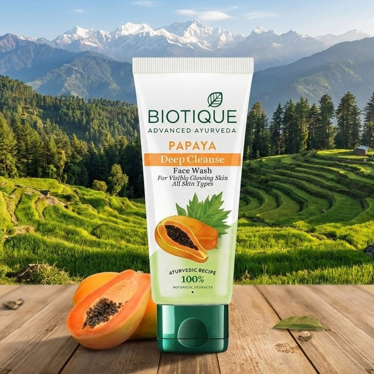Biotique Papaya Deep Cleanse Face Wash with a scenic background of mountains and greenery.