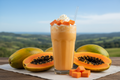 papaya shake product image with papaya and background shuld be hills 