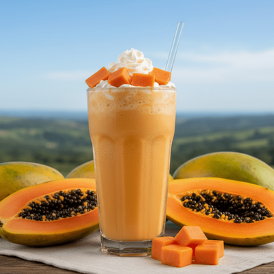 papaya shake product image with papaya and background shuld be hills 
