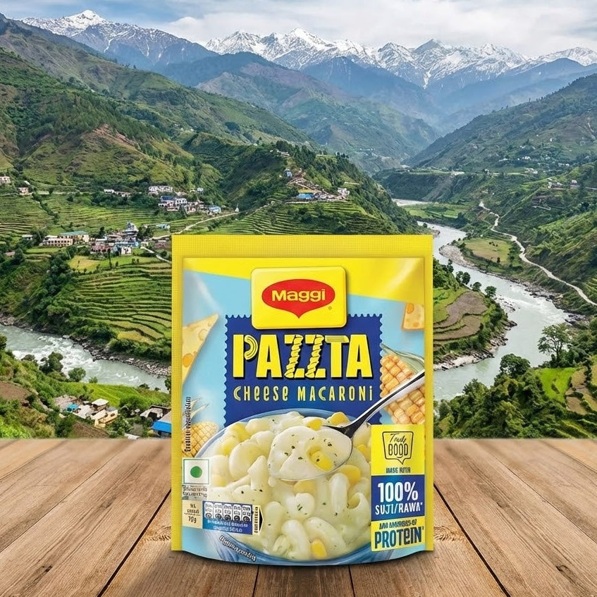 Pazzita Cheese Macaroni package on a wooden surface with a scenic mountain backdrop