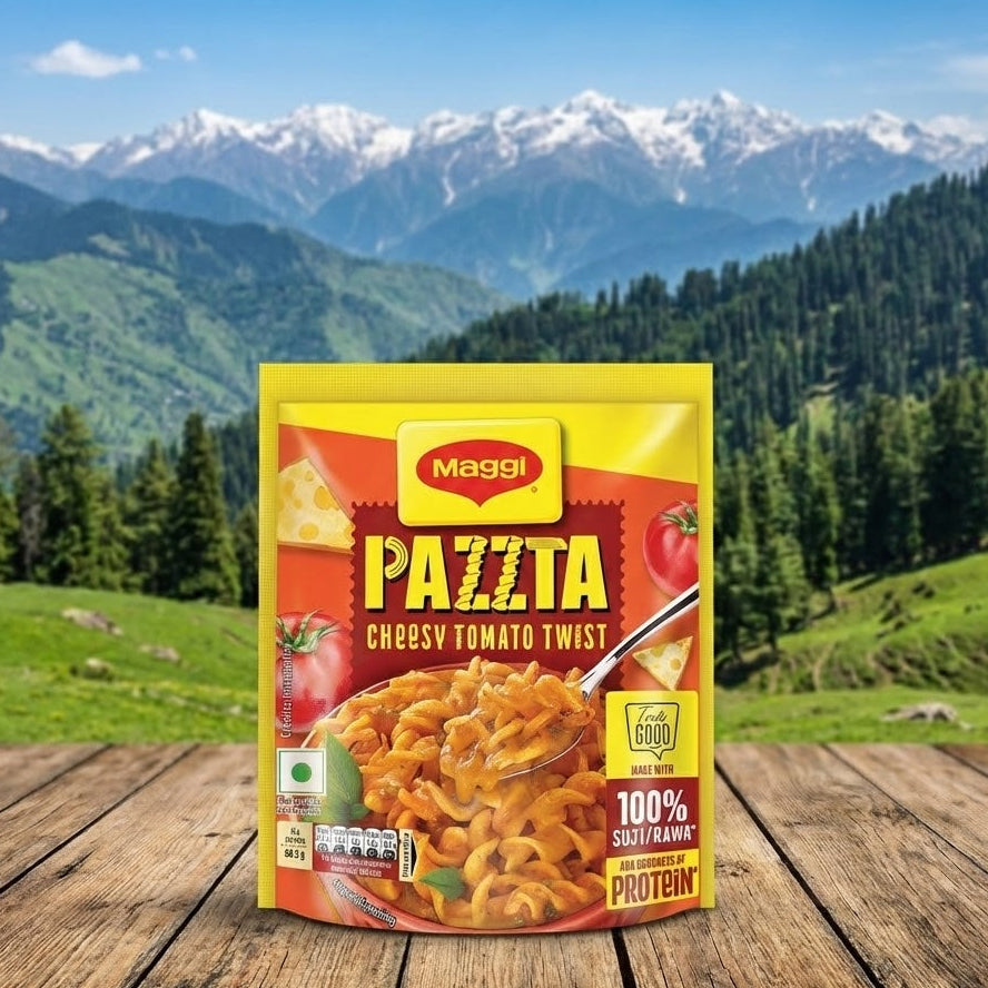 Maggi Paizza package on a wooden surface with a mountainous landscape in the background