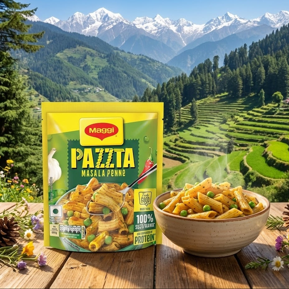 Maggi Pazzita Masala Penne packaging with a scenic mountain background