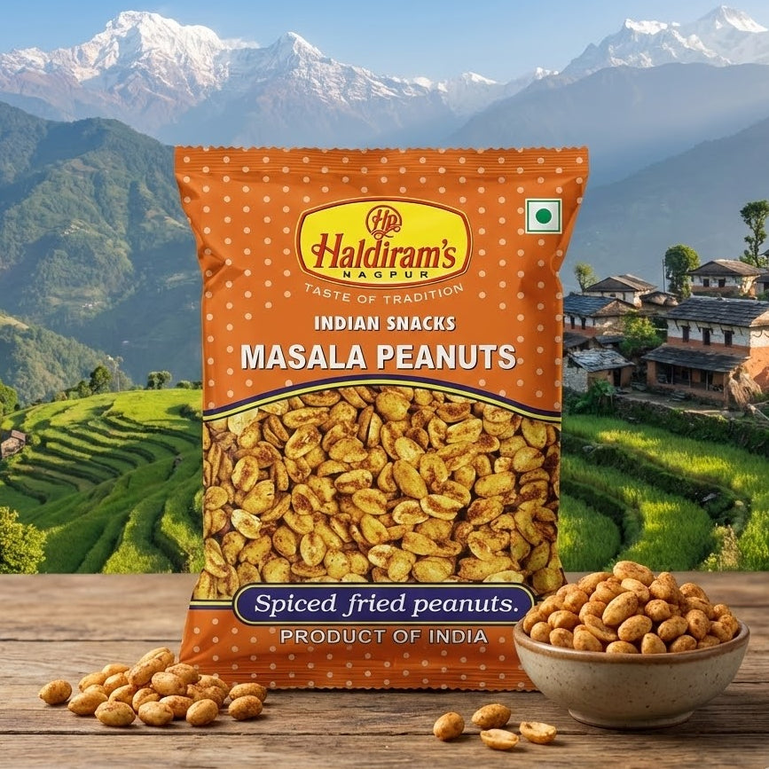 Haldiram's Masala Peanuts packaging with a scenic background of mountains and greenery.