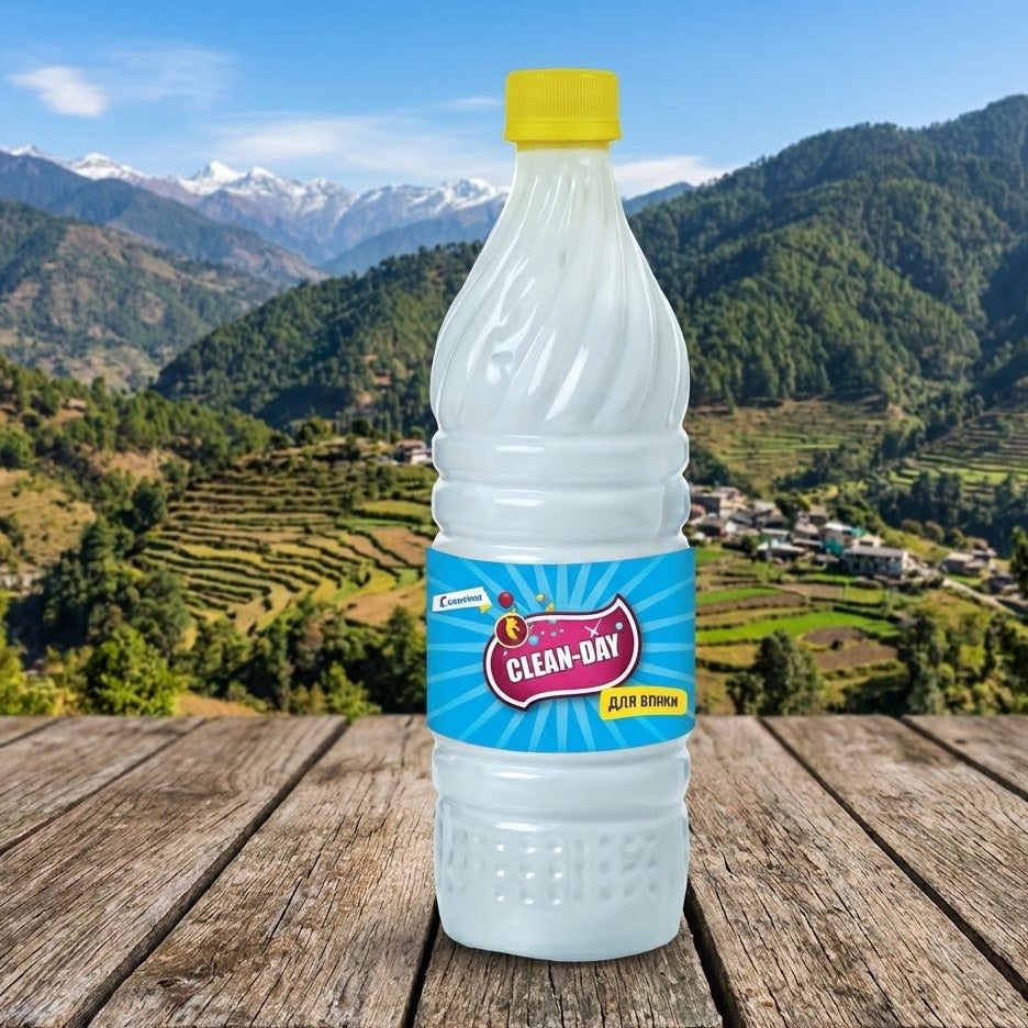 Bottle of 'Clean Day' water on a wooden surface with a mountainous landscape in the background