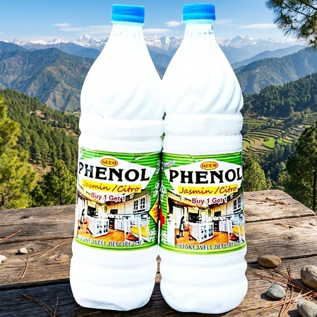 Two bottles of Phenol with a mountainous landscape in the background