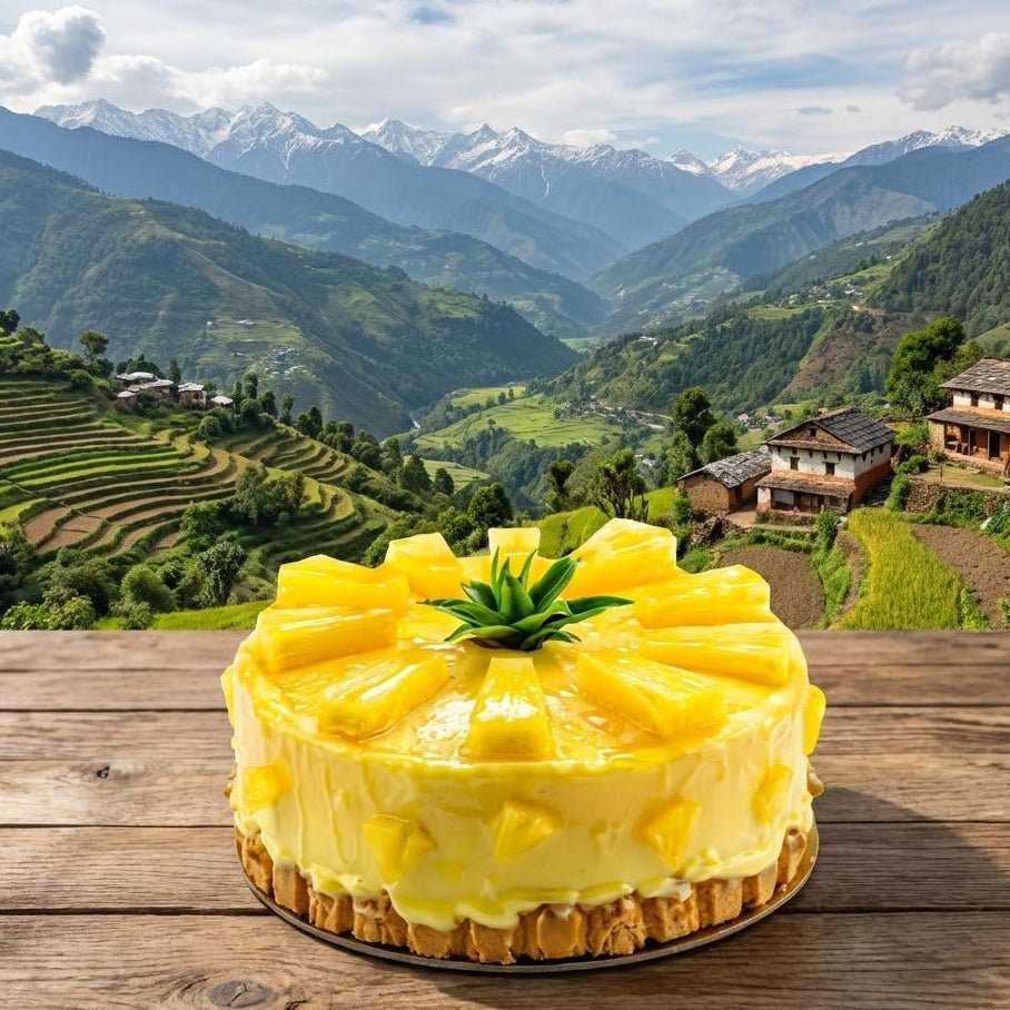 Pineapple cake on a wooden table with a scenic mountain landscape in the background
