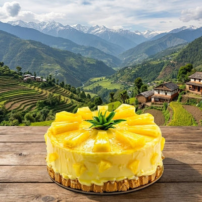 Pineapple cake on a wooden table with a scenic mountain landscape in the background