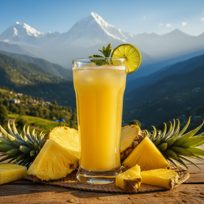 Pineapple juice with raw pineapple and uttakahand kuamun hills with gracefull juice glass