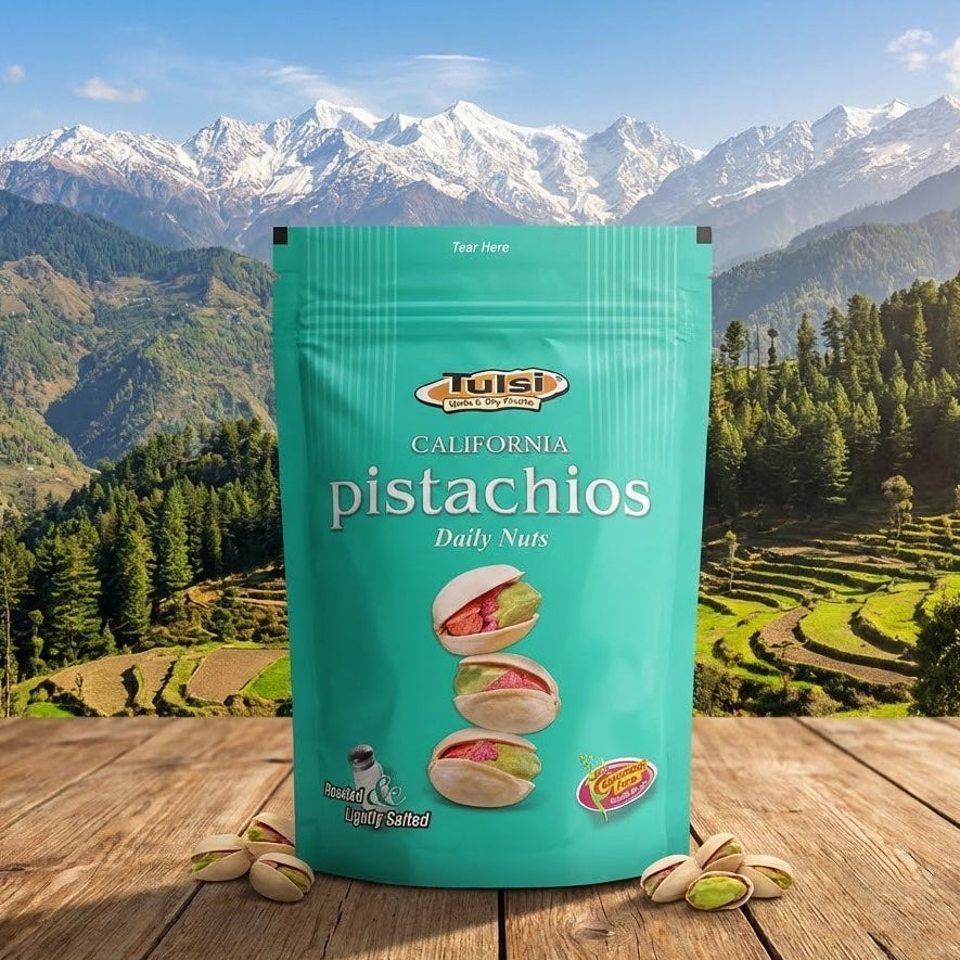 Turquoise bag of Lodi Pistachios on a wooden surface with a scenic mountain background