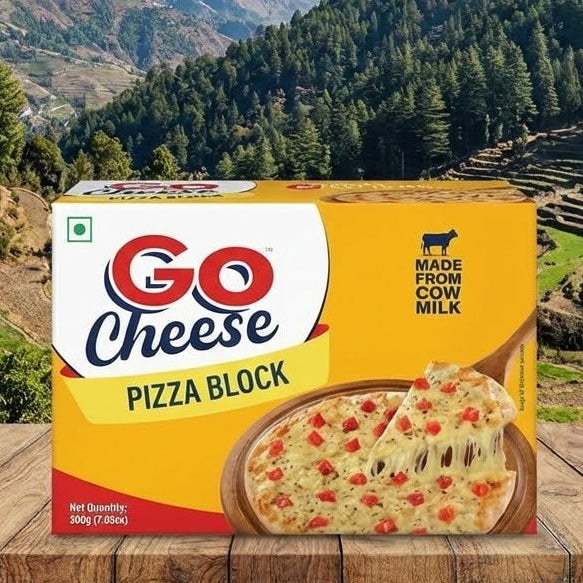 Go Cheese pizza block packaging with a scenic mountain landscape in the background