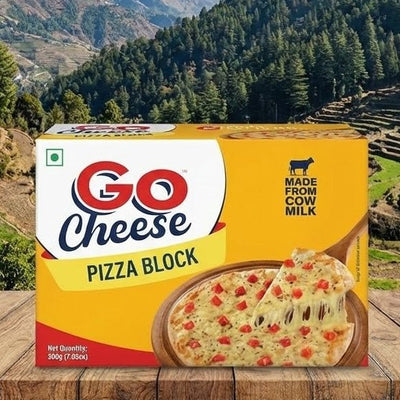 Go Cheese pizza block packaging with a scenic mountain landscape in the background