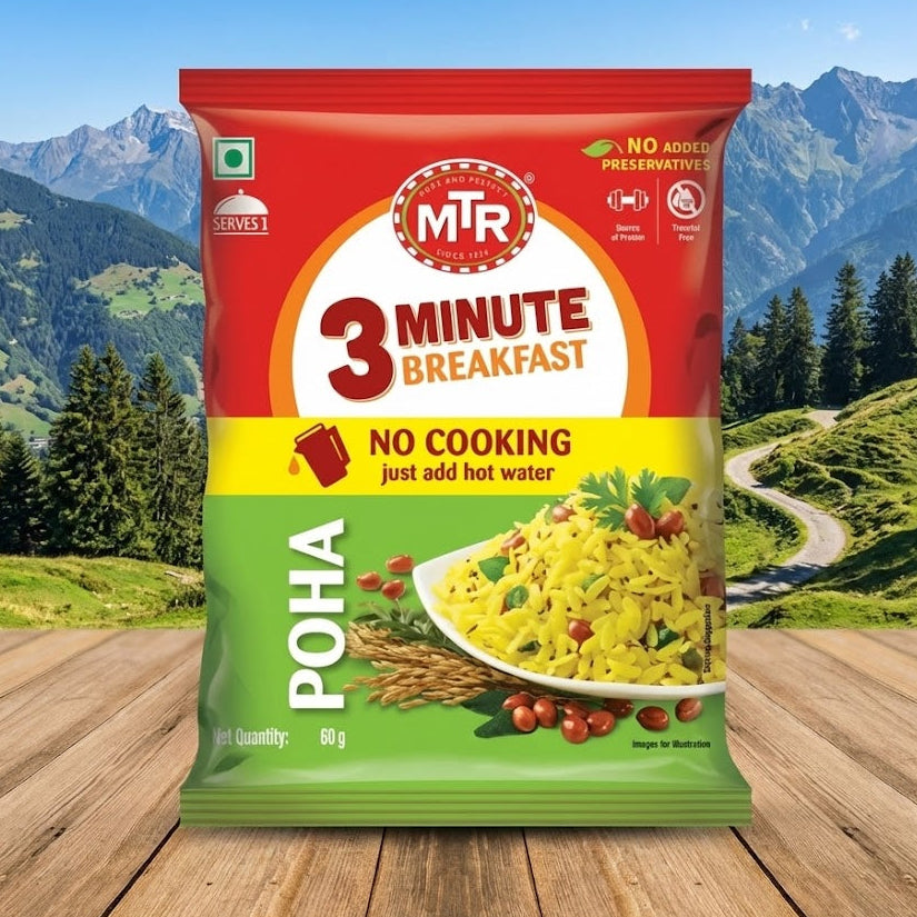 MTR 3 Minute Breakfast Poha package with a scenic background
