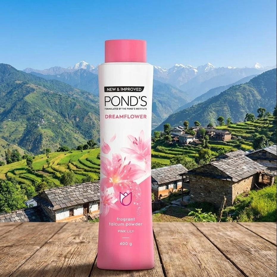 Ponds Dreamflower product on a wooden surface with a scenic mountain background