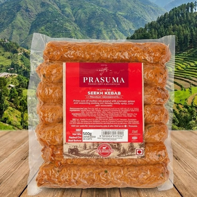 Packaged Prasuma Seekh Kebab on a wooden surface with a scenic mountain background