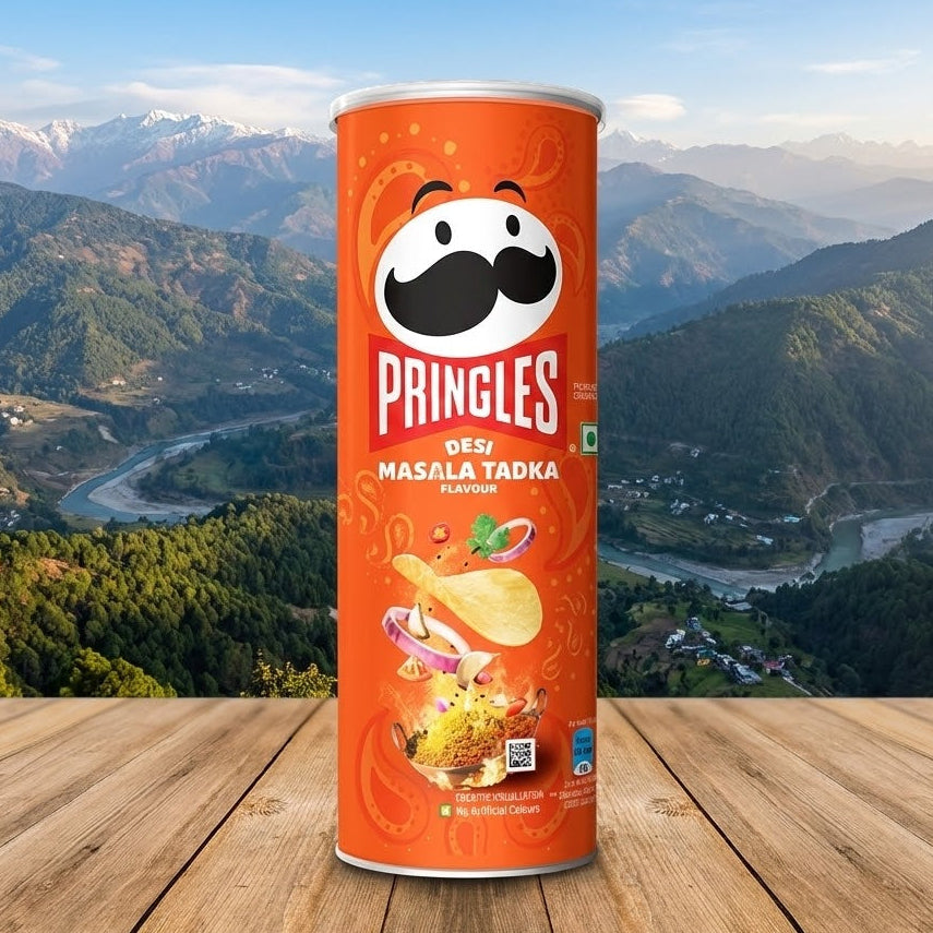PringlesDesi Masala Tadka can on a wooden surface with a mountainous landscape in the background