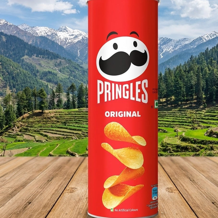 Pringles Original can with a scenic mountain background